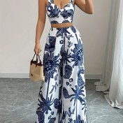 Resim 2 adet Bohem Tarzı Mavi ve Beyaz Çiçek Desenli Kırpma Üst, Askısız Detay ve Geniş Bacaklı Pantolon, Tatil veya Rahat Giyim için Mükemmel, Polyester, Bahar/Yaz Koleksiyonu 