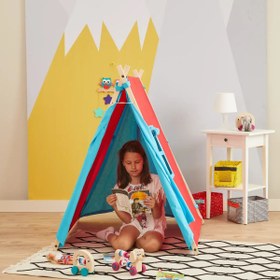 Resim Ahşap Oyun Çadırı ve Oyun Evi – Kırmızı Turkuaz 