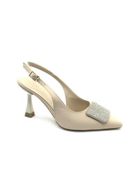 Resim Feles Toka Taş Detaylı Arkası Açık Stiletto Kadın Topuklu Ayakkabı Ten-Saten 