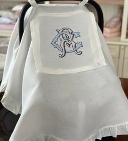 Resim Monogram İşlemeli Keten Puset Örtüsü - Bebek İsim Baş harfleri / Lacivert/Mavi 