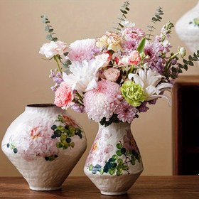 Resim Vintage Çiçek Desenli Seramik Vazo - Pembe, Beyaz ve Yeşil Çiçek Desenli, Ev Dekoru için Mükemmel, Ev Dekoru Vazo | Çiçek Desenli Vazo | Dokulu Seramik Vazo, Çiçek Vazo 