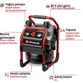 Resim Einhell Professional Akülü Kompresör SILENZZO 36/210 Power X-Change (36 V, maks. 8 bar, 8 L tank, 210 L/dakika emiş kapasitesi, basınç göstergesi, yağsız, özellikle sessiz, aküsüz) - 4020380 