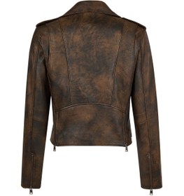 Resim Newage Kadın Kahverengi Slim-Fit Biker Deri Ceket - Kahverengi / 