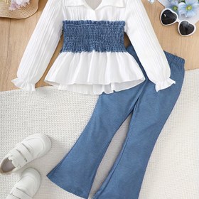 Resim 2'li Kız Çocuk Günlük Uzun Kollu Üst ve Suni Denim Baskılı Pantolon Takımı, Lastikli Bel Bandı & Kauçuk Manşet Tasarımı, İlkbahar/Sonbahar Kombini, Esnemeyen Kumaş, Dış Mekan için 