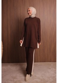 Resim Balenbi Kadın Oversize Düz Dokuma Yırtmaçlı Tesettür Triko Takım 1136 Kahverengi 