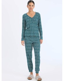 Resim DeFacto Fall in Love Pijama Takımı Waffle Kumaş Uzun Kollu Üst Esnek Belli Uzun Alt D2284AX24WNGN1040 Yeşil 