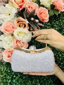 Resim Kadın Şeffaf Iri Taşlı Gümüş Detaylı Uzun Zincir Ve El Tutma Askılı Abiye Çanta Kristal Beyaz 