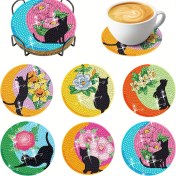 Resim 6 Parça 5D Elmas Boyama Seti Bardak Altlığı ve Tutucu, Başlangıç Seviyesi ve Yetişkinler İçin DIY Elmas Boyama Sanatı Bardak Altlığı Yapımı, Siyah Kedi ve Hilal Desen Serisi, Mutfak Yemek Masası Çay Partisi Ürünü ve El Yapımı Sanat Eseri, Mükemmel Hediye 