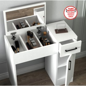 Resim Arnetti İnci Beyaz Aynalı Makyaj Masası – Çekmeceli, Dolaplı & Şık Tasarım 