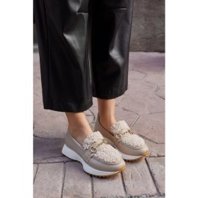 Resim Nilufarr Shaggy Bej Deri Kürklü Kadın Sneaker 