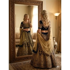Resim Aashiv's Collection Gelinlik Hint Lehenga Choli Takımı Lacivert Işlemeli 