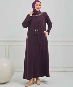 Resim Önü Ve Cebi Nakışlı Büyük Beden Ferace Mürdüm | 204168 - 46 / Mürdüm 