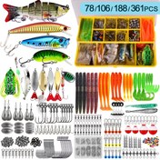 Resim 78/106/188/361 adet Balıkçılık Yemleri Taktik Bait Kit Seti, Taktik Kutusu ile Taktik Dahil, Crankbaits, Vermiler, Spinner, Ağırlıklar, saç tokası ve Diğer Aksesuarlar için Tatlı Su Balığı Alabalık Balıkçılık Ekipmanları Erkekler için Hediye 