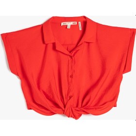 Resim Koton Crop Bluz Kısa Kollu Gömlek Yaka Önden Bağlamalı Modal Kumaş Kırmızı 3skg60197aw 3SKG60197AW413 Kırmızı 