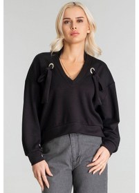 Resim Kadın Modal Cupra Kumaş Kuşgözü Kordonlu Sweatshirt Siyah 