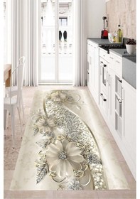 Resim Makinede Yıkanabilir Leke Tutmaz Dijital Baskı Pvc Kaymaz Çiçek Desenli Mutfak Halısı Çok Renkli 