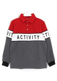Resim Dobakids Blok Renk Baskılı Polo Yaka Erkek Çocuk Sweatshirt Kırmızı 1982 Çok Renkli 