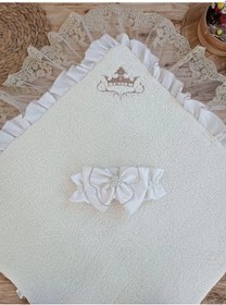 Resim Yenidoğan Wool Yün Kumaş Taç Nakışlı Güpür Duvaklı Fiyonk Prizma Taş Unisex Kundak Bebek Battaniyesi Kahverengi Renkli Çok Renkli 