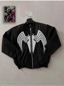 Resim Unisex Siyah Bomber Mont Venom Beyaz Örümcek Logolu, Fermuarlı Cepli, Kapitone Astarlı Günlük Mont Siyah 