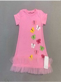 Resim 1-2-3 Yaş Renkli Kelebekler Nakışlı Eteği Fırfırlı Jile Çocuk Elbisesi Pembe Pembe 