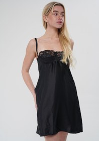 Resim Siyah Dantel Detay Saten Gecelik - Siyah / Extra large 