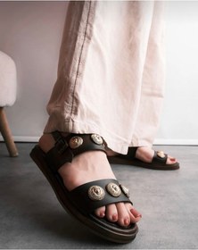 Resim Düz Taban Bodrum Sandaleti Leather Sandal Kahverengi 