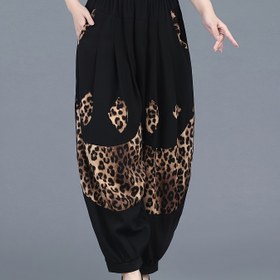 Resim Kadınlar İçin Etnik Retro Bol Kesim Harem Pantolon - Siyah & Altın Leopar Desenli, %100 Polyester, Makinede Yıkanabilir, Kontrast Bel Detaylı İlkbahar/Yaz Günlük Pantolon 