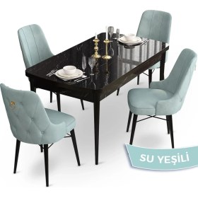 Resim Canisa Concept Taç Serisi 80 x 132 cm Açılabilir Siyah Mermer Desen Masa Takımı 4 Sandalye Gold Halkalı 