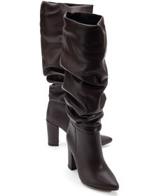 Resim 4807 Kahve Cilt Sivri Burun Körüklü Kalın Topuk Günlük Kadın Çizme Kahve 