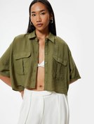Resim Oversize Crop Gömlek Kısa Kollu Kapaklı Cep Detaylı Viskoz Kumaş 