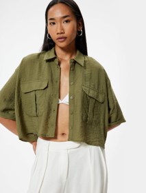 Resim Oversize Crop Gömlek Kısa Kollu Kapaklı Cep Detaylı Viskoz Kumaş 