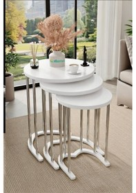 Resim Tokyo Gümüş Beyaz Mdf 3 Lü Yuvarlak C Zigon Sehpa Beyaz 