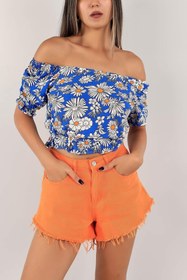 Resim Aslında Look Madonna Yaka Çiçek Desenli Gipeli Lastikli Yumuşak Dokuma Bluz 