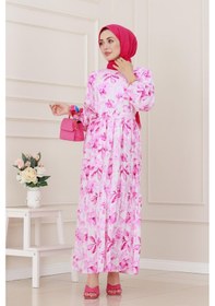 Resim Sevitli Yarım Düğmeli Lotus Elbise-pembe-5248 Pembe 