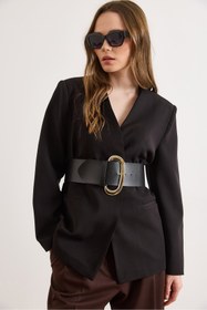 Resim Olalook Kadın Siyah Kalın Kemer Detaylı Astarlı Blazer Ceket CKT-19000516 