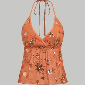 Resim Kadınlar İçin Bohem Çiçek Desenli Halter Boyunlu Tank Top - Yarı Şeffaf Boncuklu Spagetti Askılı Plaj Üstü, Makinede Yıkanabilir Her Mevsim Tatil ve Resort Stili, Zarif Dokuma 