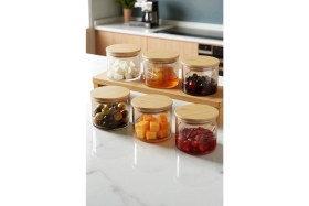 Resim 6'lı Borosilikat Cam Kahvaltılık Seti - Vakumlu Silikonlu Bambu Kapak 