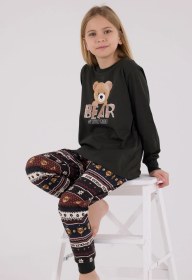 Resim Arnetta Kız Çocuk Aile Bear My Little Friend %100 Pamuklu 4 Mevsim Uzun Kollu Pijama Takım Füme 