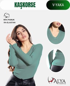 Resim Alya Underwear Pamuklu Kaşkorse V Yaka Body Sweatshirt, Fitilli Kumaş Likralı Bluz, Asker Yeşili Badi Okaliptus 