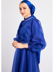 Resim Livanomi Beli Taşlı Saks Tesettür Abiye Elbise Saks 