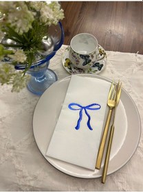 Resim Mavi Yaldızlı Beyaz Fiyonk Baskılı Garson Katlama Peçete 16 Adet 