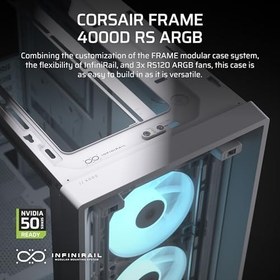Resim CORSAIR Frame 4000D RS ARGB Modüler Mid-Tower ATX PC Kasası – Yüksek Hava Akışı, 3X Önceden Takılmış RS ARGB Fanlar, InfiniRail™ Fan Montaj Sistemi, ASUS BTF, MSI Project Zero, Gigabyte Project 