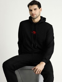 Resim Siyah Kapüşonlu Nakışlı Pamuklu Sweatshirt 