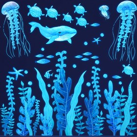 Resim Karardayken Parlayan Okyanus Duvar Çıkartmaları - Renkli Deniz Kaplumbağası, Denizanası & Deniz Yosunu Stickerları, Yatak Odası & Banyo Dekoru için Çıkarılabilir Vinil Duvar Sanatı, Mavi & Yeşil 