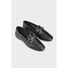 Resim Elle Siyah Deri Kadın Loafer 