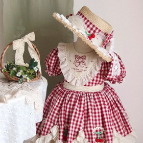 Resim Kızlar için Vintage Ekose Desenli Elbise, Dantel Süslemeli ve Çiçekli Sepet Detaylı - A Kesim Yazlık Kemerli Elbise, Makinede Yıkanabilir 2-12 Yaş 