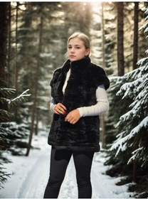 Resim Kadın Kolsuz Hakiki Kürk - Siyah Siyah 