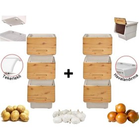 Resim Motek Patateslik Soğanlık Sepeti Oyuncak Kutusu Tekerlekli Organızer Çok Amaçlı Kutu 6x12lt-bambu+krem 