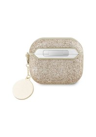 Resim Apple Uyumlu AirPods 3.nesil Kılıf Guess Lisanslı Pu Deri Mavi Beyaz Çizgili Metal Logolu Gold 