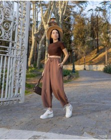 Resim Chiklet Belden Lastikli Ayrobin Şalvar Pantolon Kahverengi 